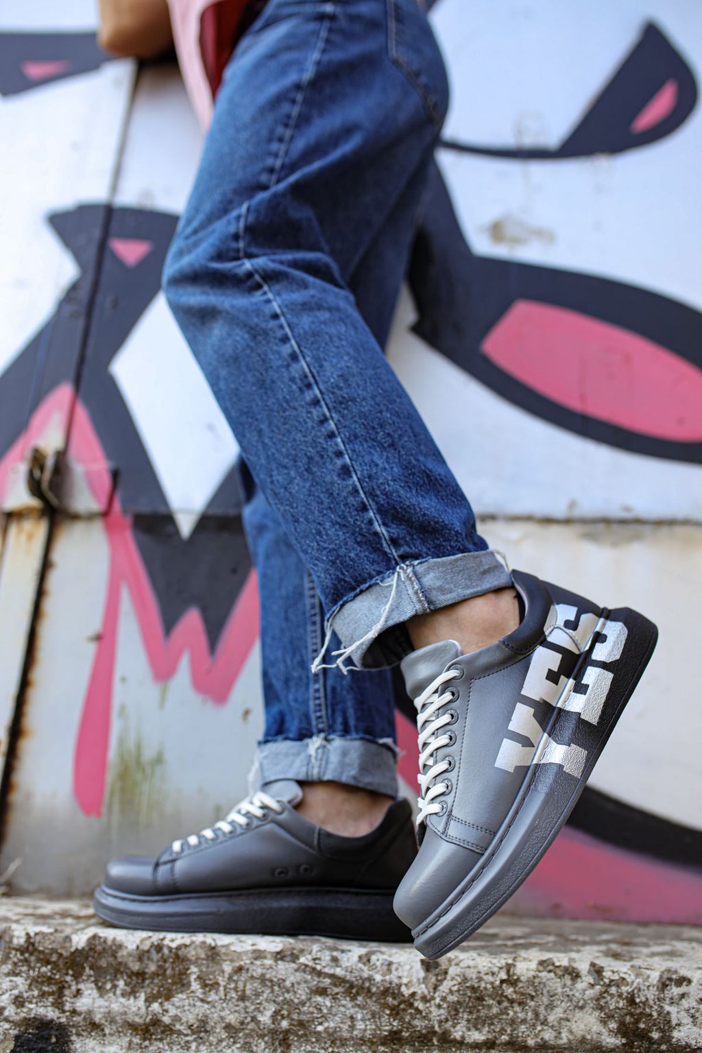 Pittura Özel Baskılı Erkek Sneaker Gri Koyu