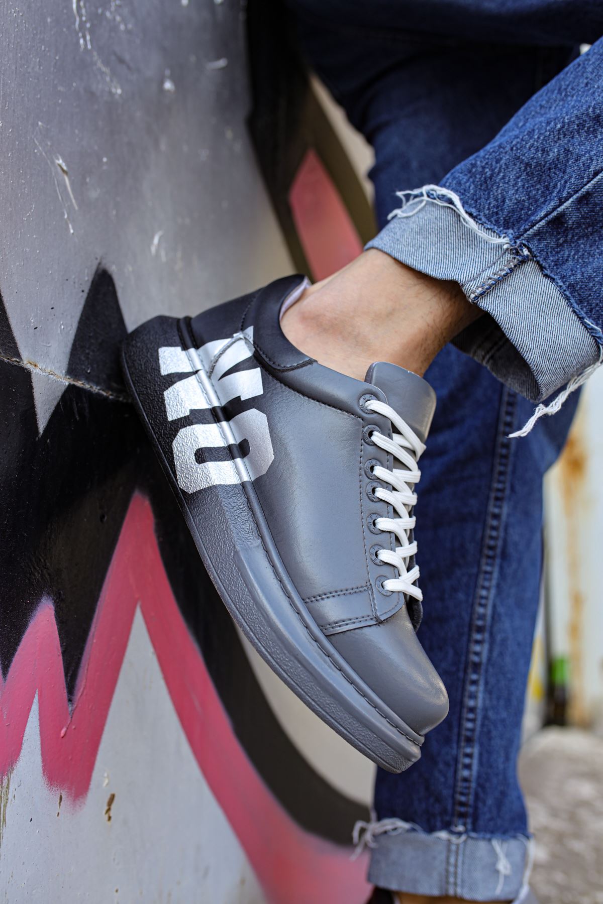 Pittura Özel Baskılı Erkek Sneaker Gri Koyu