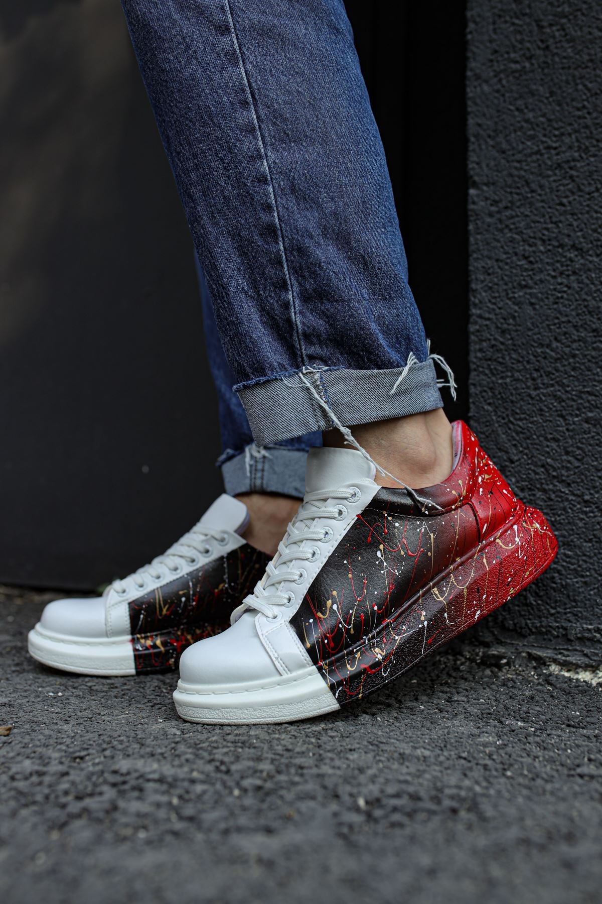 Pittura Özel Baskılı Erkek Sneaker Siyah Kırmızı Püskürtme