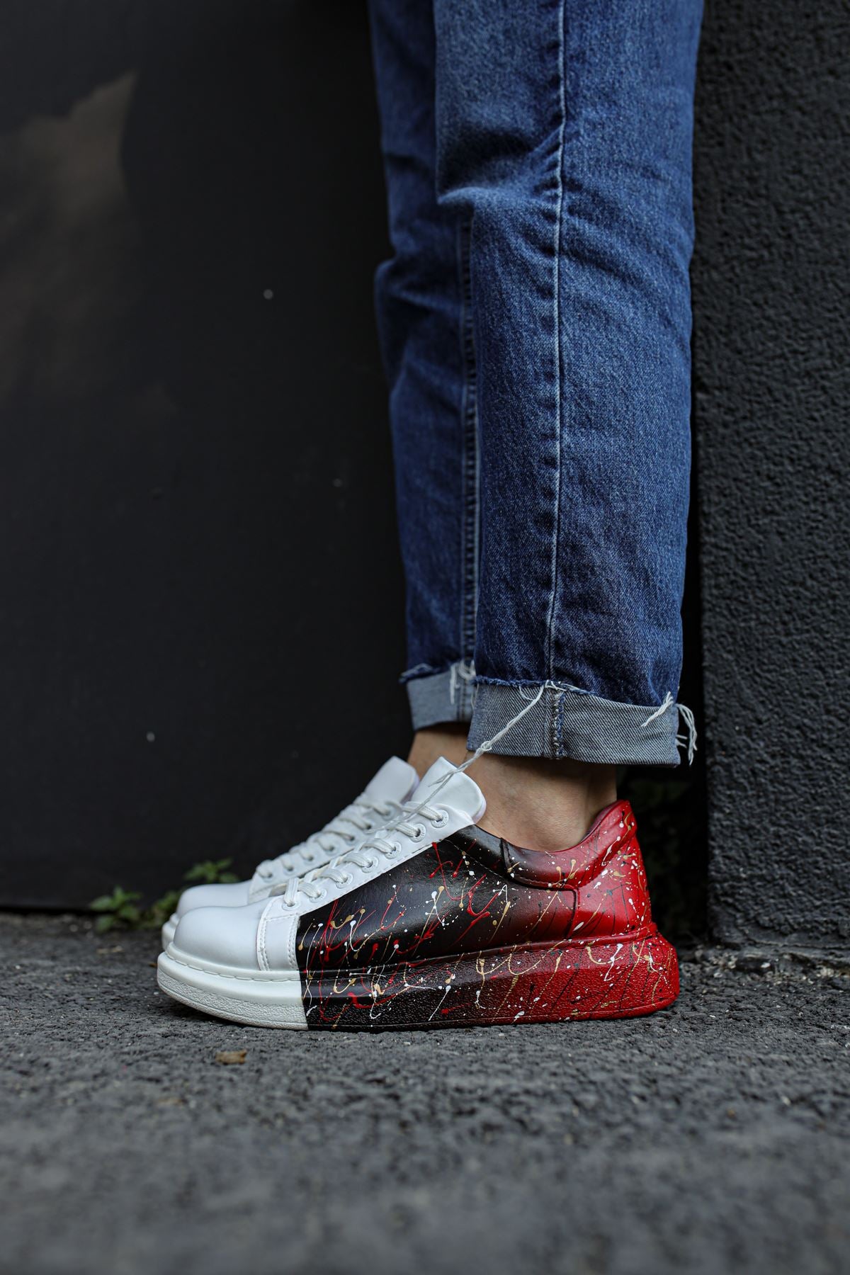 Pittura Özel Baskılı Erkek Sneaker Siyah Kırmızı Püskürtme