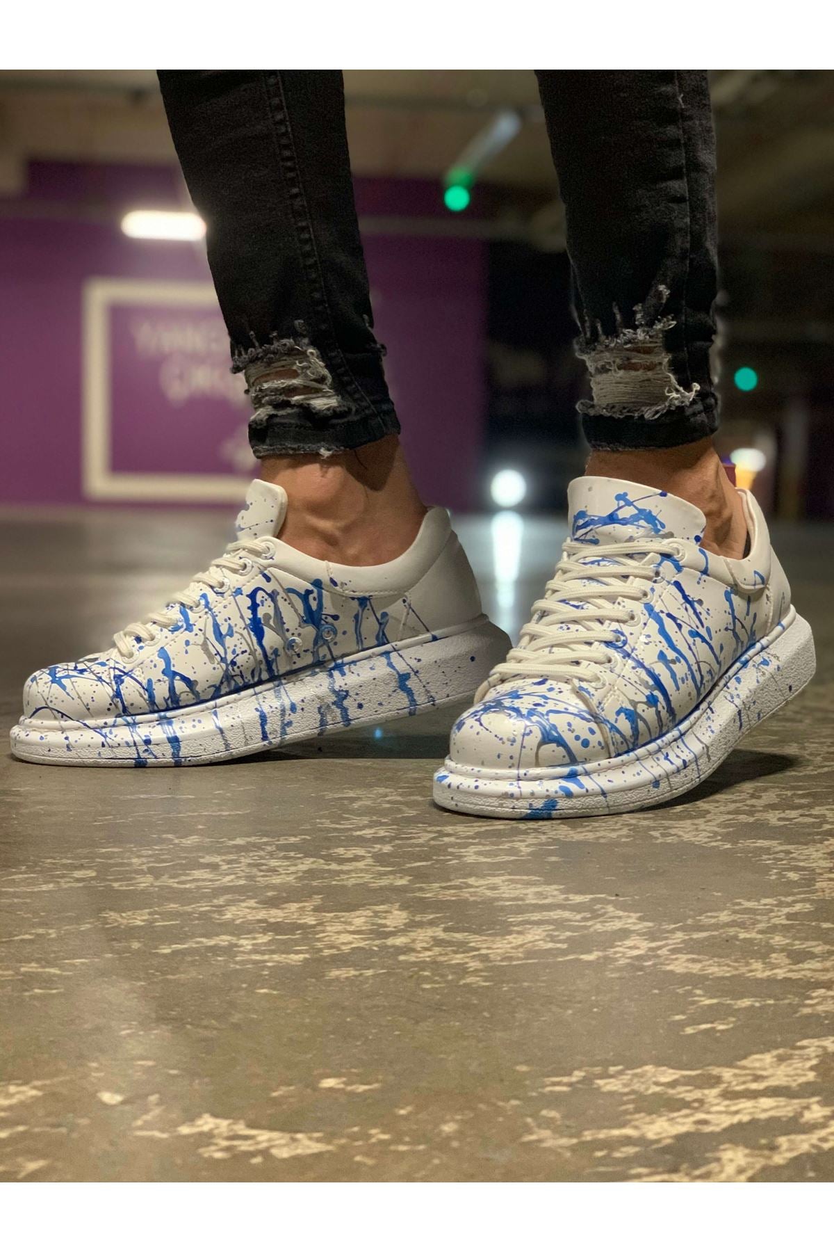 Pittura Özel Baskılı Erkek Sneaker Mavi Püskürtme