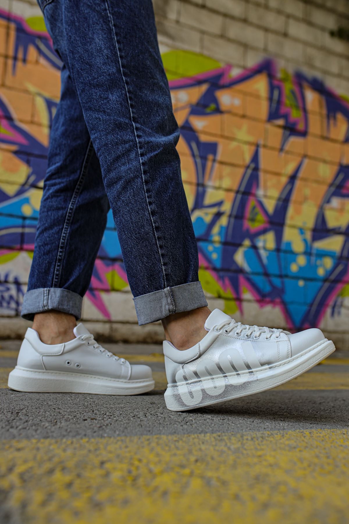 Pittura Özel Baskılı Erkek Sneaker Beyaz Gümüş