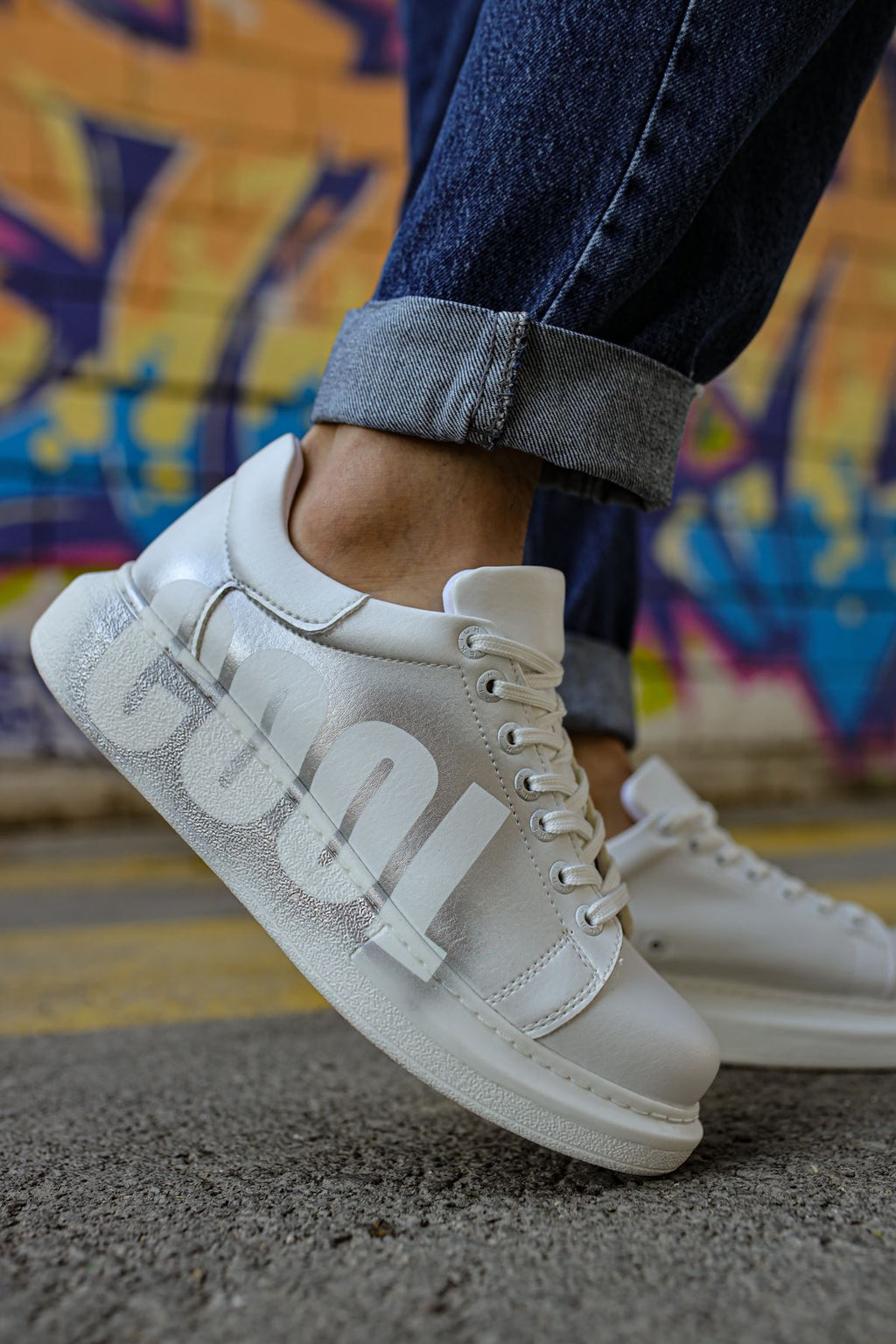 Pittura Özel Baskılı Erkek Sneaker Beyaz Gümüş