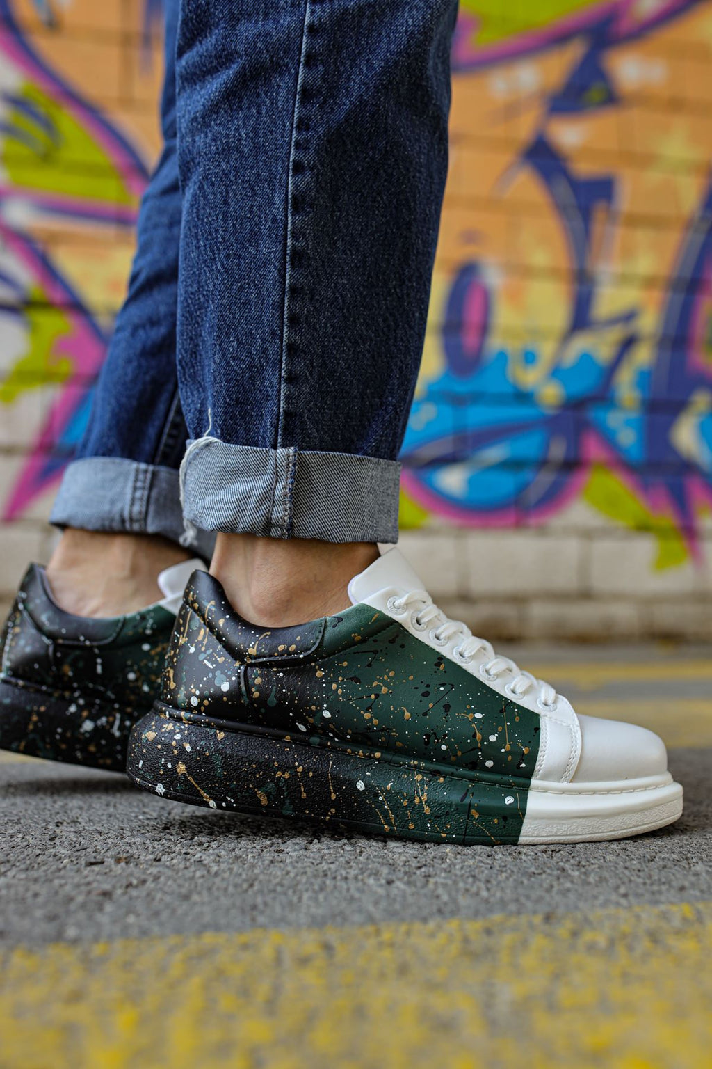 Pittura Özel Baskılı Erkek Sneaker Siyah Beyaz Yeşil