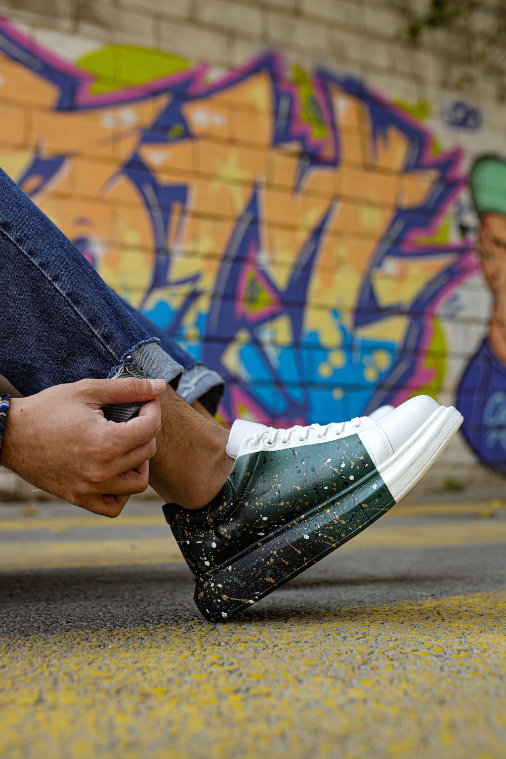 Pittura Özel Baskılı Erkek Sneaker Siyah Beyaz Yeşil