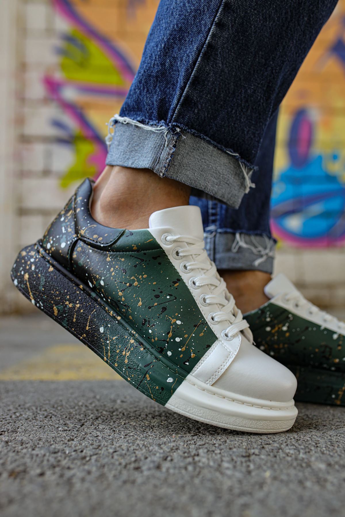 Pittura Özel Baskılı Erkek Sneaker Siyah Beyaz Yeşil