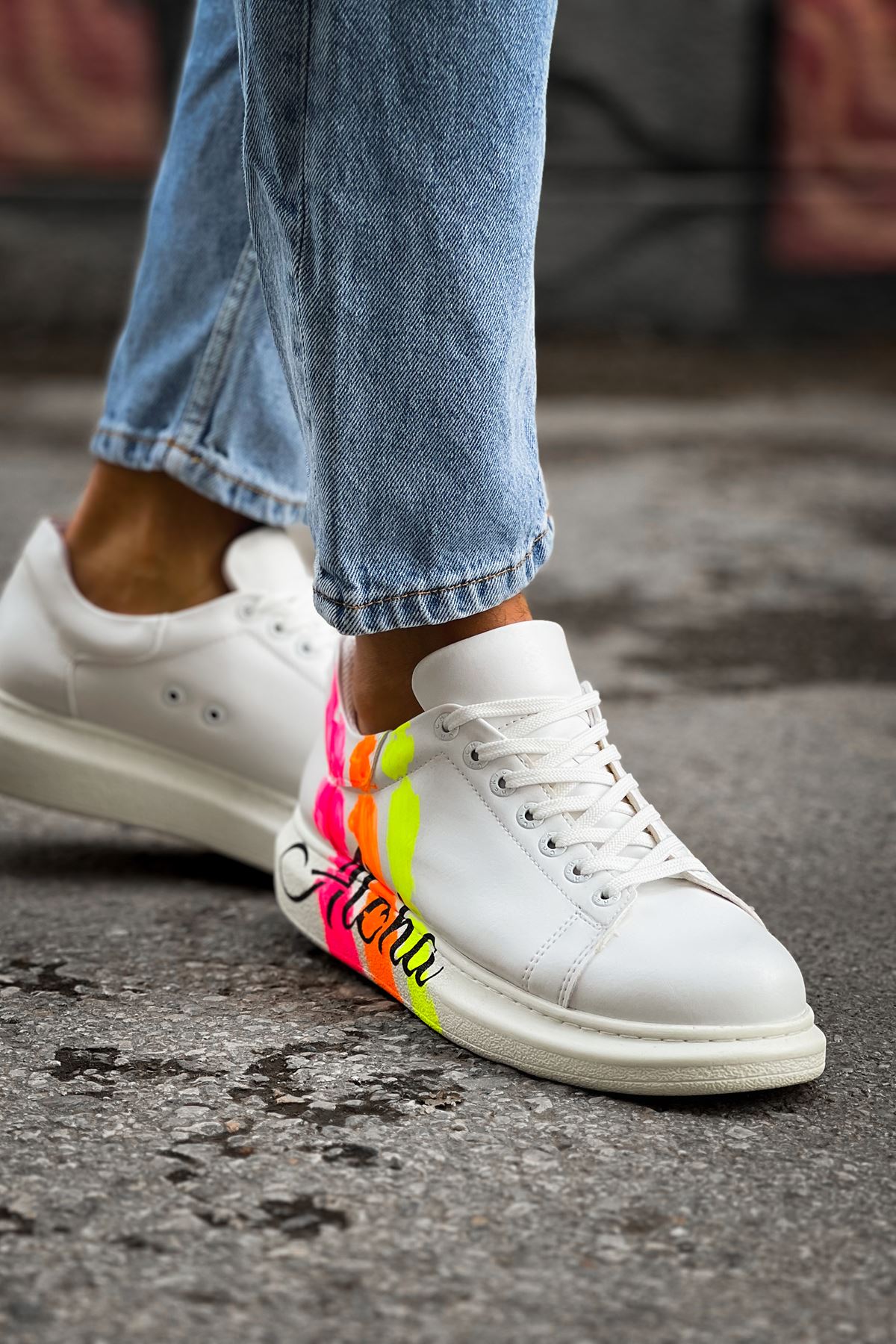 Pittura Özel Baskılı Erkek Sneaker Beyaz Pembe