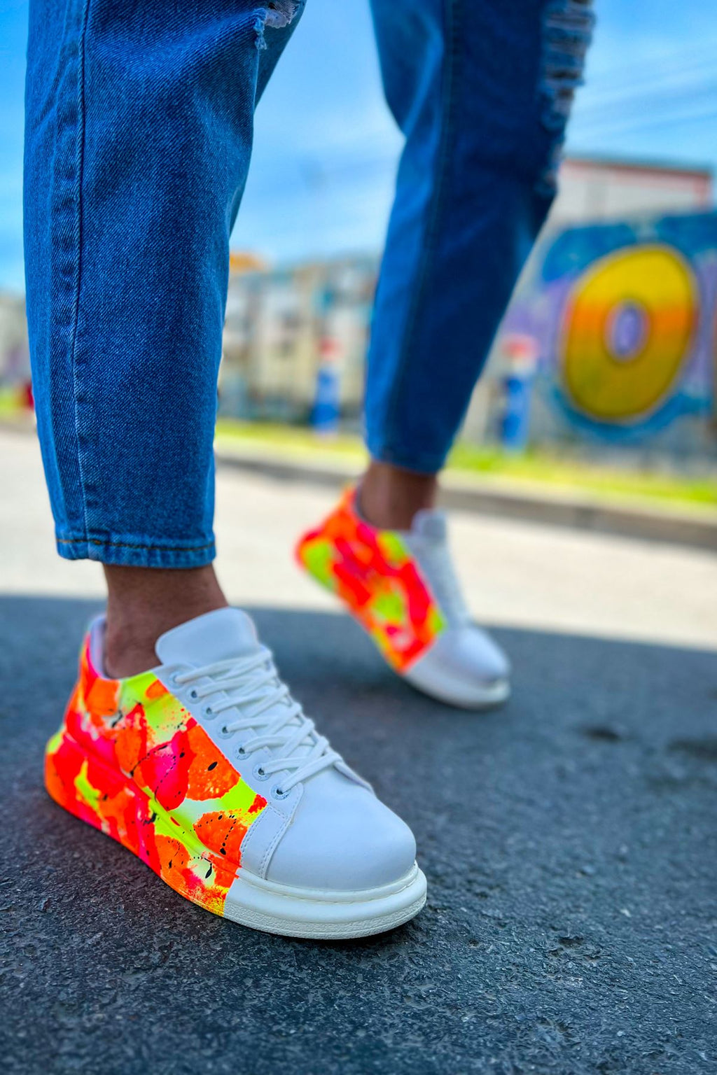 Pittura Özel Baskılı Erkek Sneaker Beyaz Turuncu Yağmur