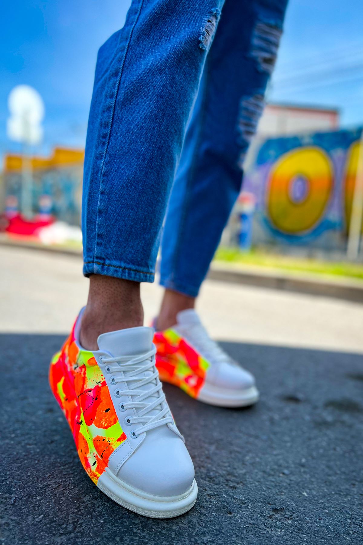 Pittura Özel Baskılı Erkek Sneaker Beyaz Turuncu Yağmur