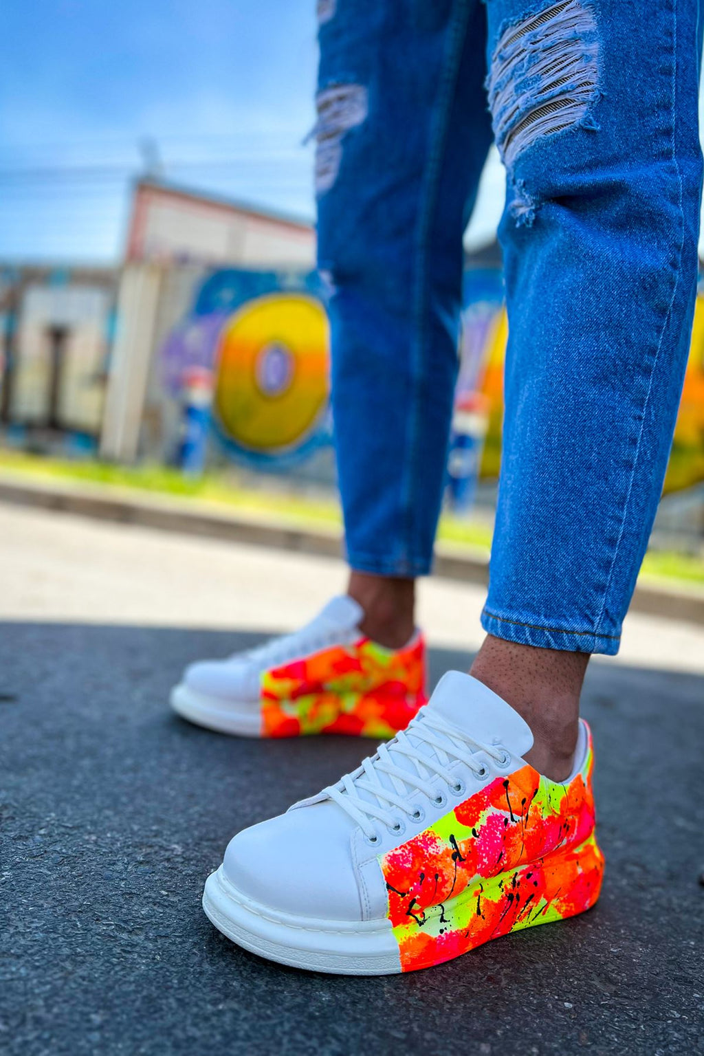 Pittura Özel Baskılı Erkek Sneaker Beyaz Turuncu Yağmur