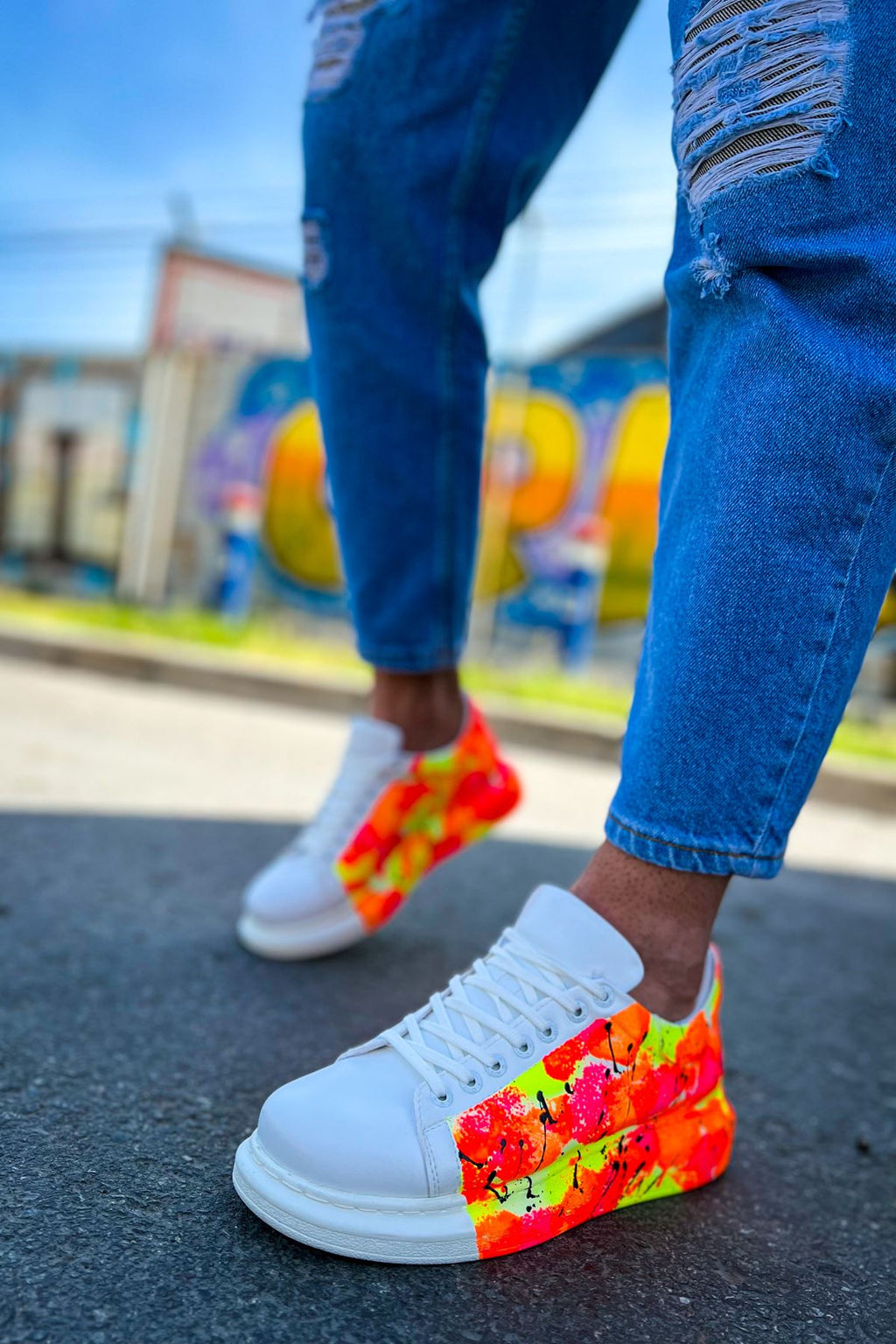 Pittura Özel Baskılı Erkek Sneaker Beyaz Turuncu Yağmur