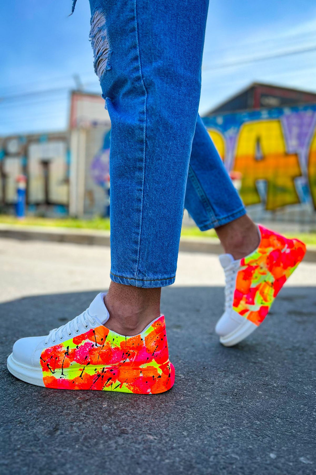 Pittura Özel Baskılı Erkek Sneaker Beyaz Turuncu Yağmur