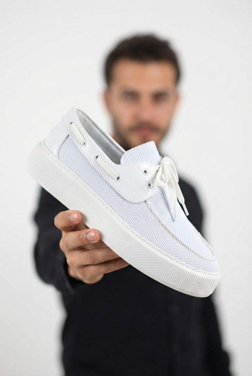 ZRC2602 - Premium Triko Erkek Bağcıklı Loafer Beyaz