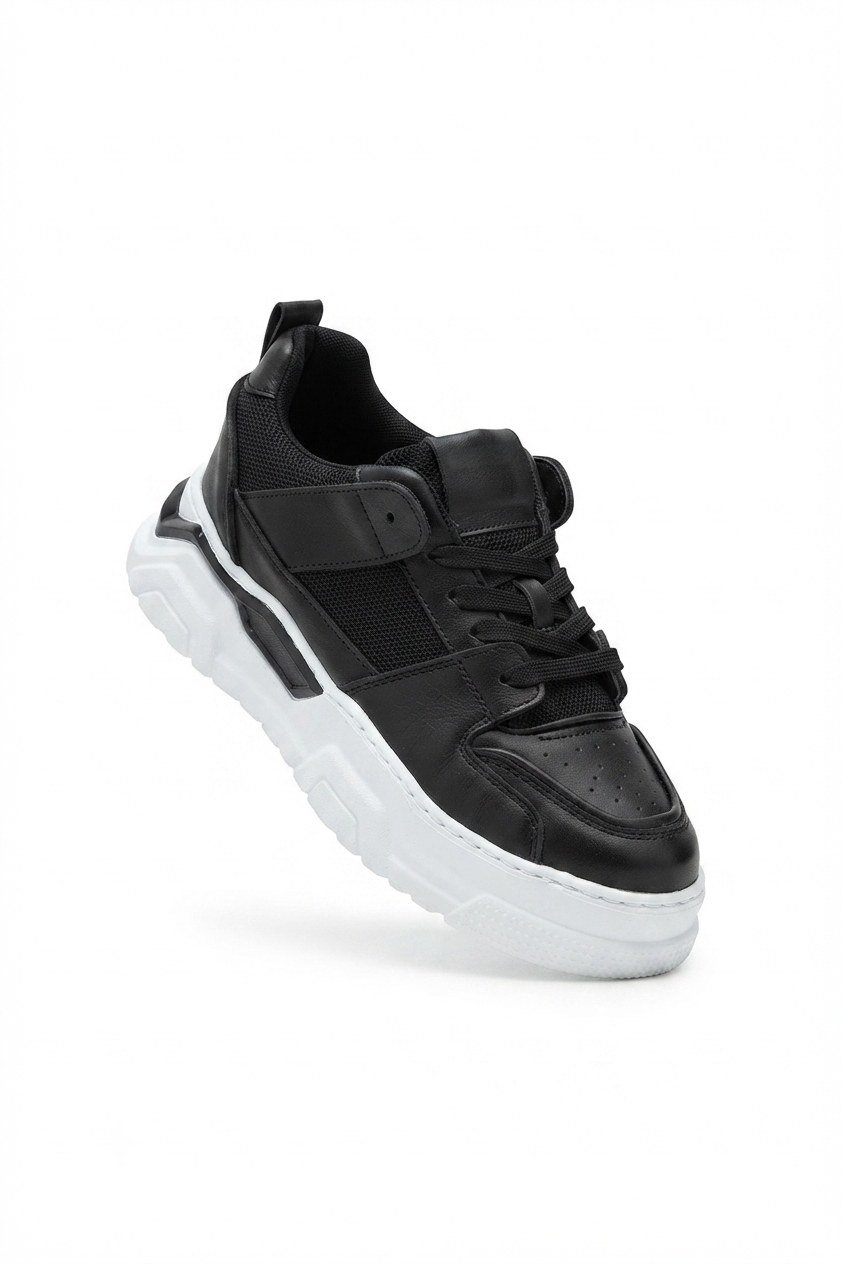 ZRC2617 - Premium Yüksek Kalite 5.5 cm Kalın Taban Erkek Sneaker Siyah Beyaz