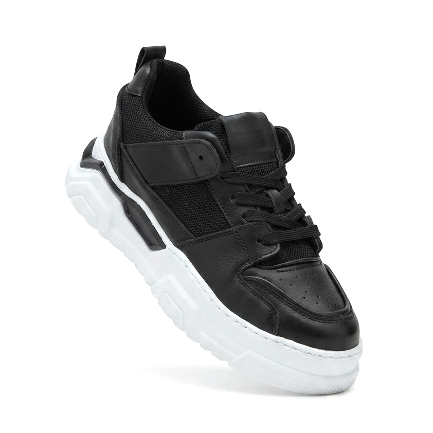ZRC2617 - Premium Yüksek Kalite 5.5 cm Kalın Taban Erkek Sneaker Siyah Beyaz