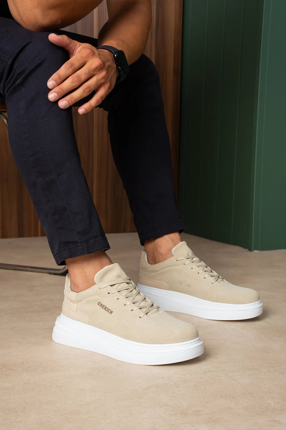 ZRC2635 - Yüksek Kalite Yüksek Taban Erkek Sneaker Bej Süet