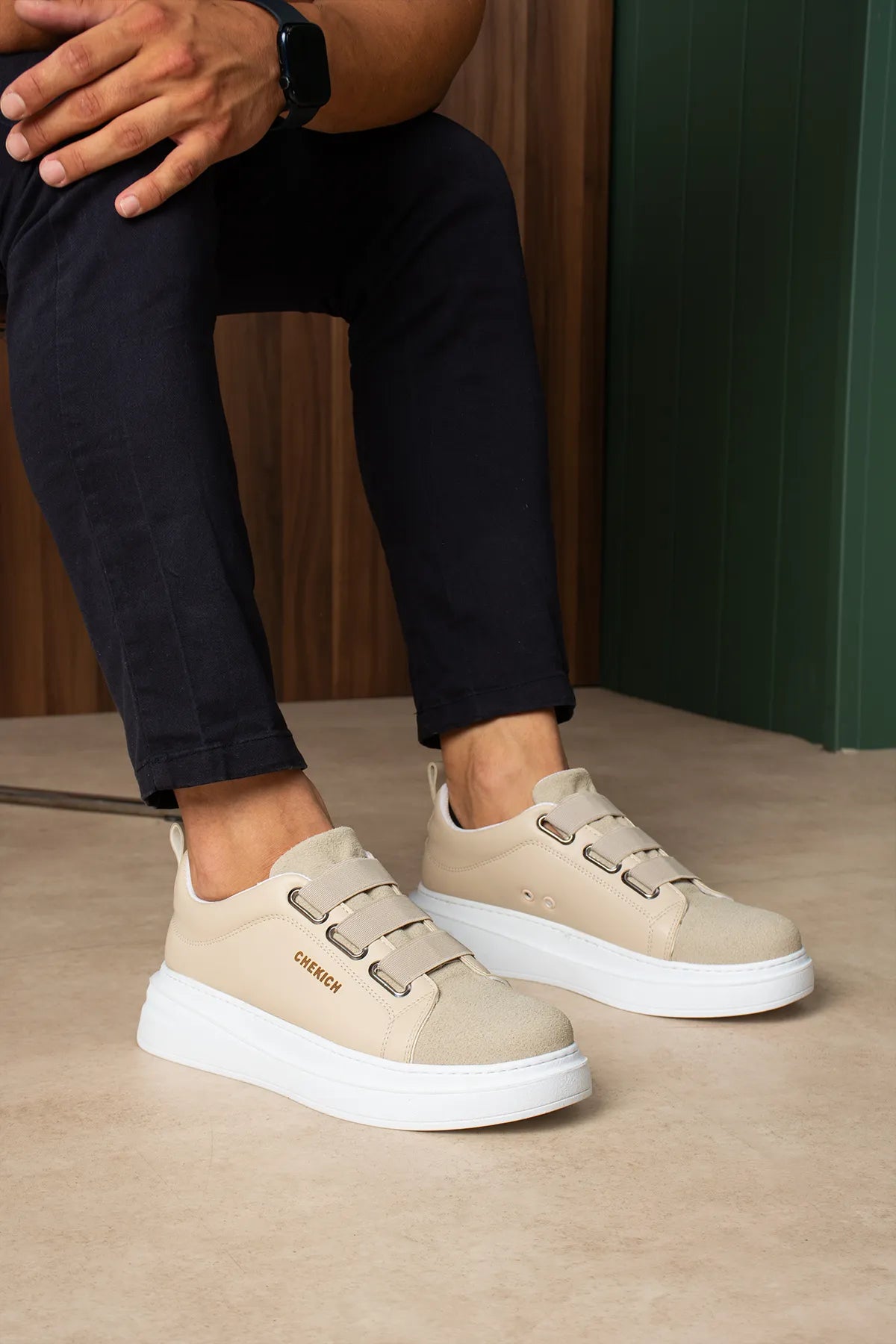 ZRC2653 - Premium Exclusive Lastik Detaylı Erkek Sneaker Bej