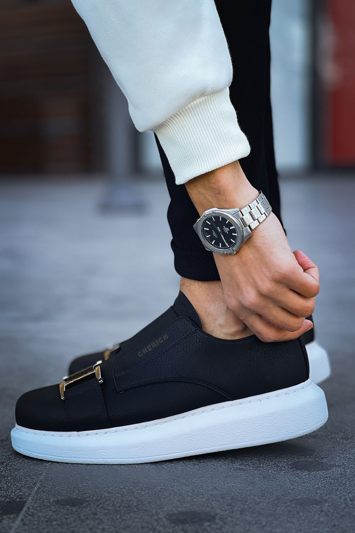 ZRC297 Premium Erkek Lastikli Günlük Ayakkabı Siyah Beyaz