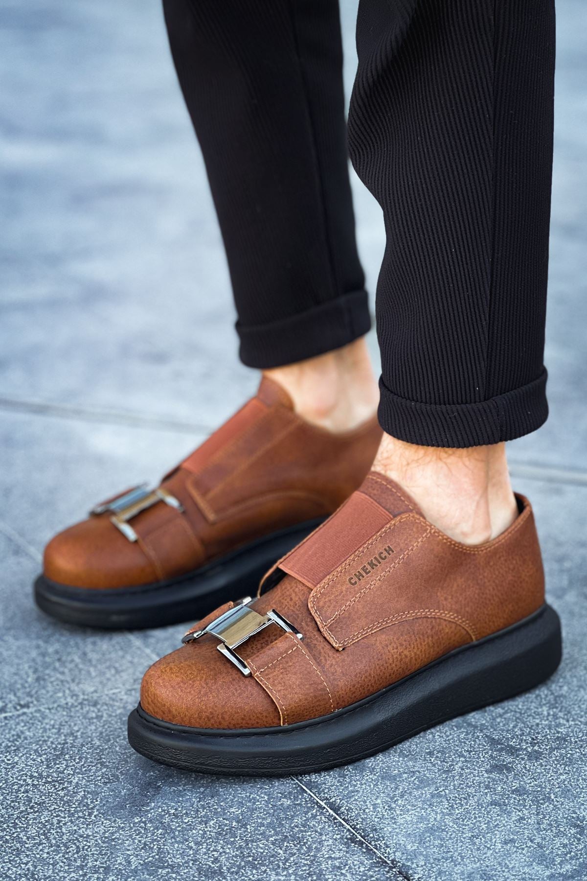 ZRC297 Premium Erkek Lastikli Günlük Ayakkabı Taba Siyah