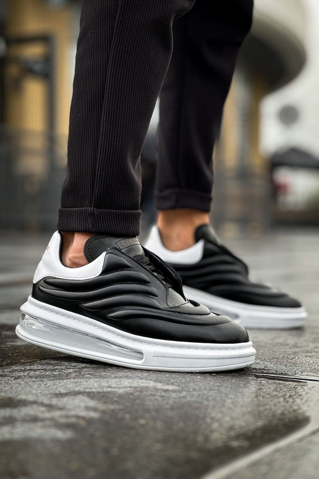 Sollıevo RX Şeffaf Taban Bağcıklı Erkek Sneaker Beyaz Siyah Beyaz