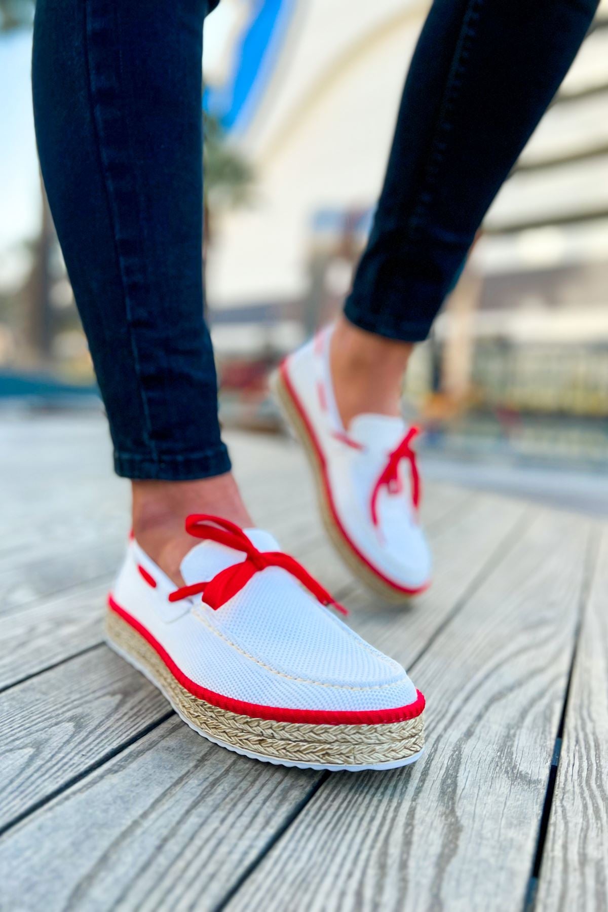 Esto Espadril Günlük Bağcıklı Erkek Espadril Beyaz Kırmızı