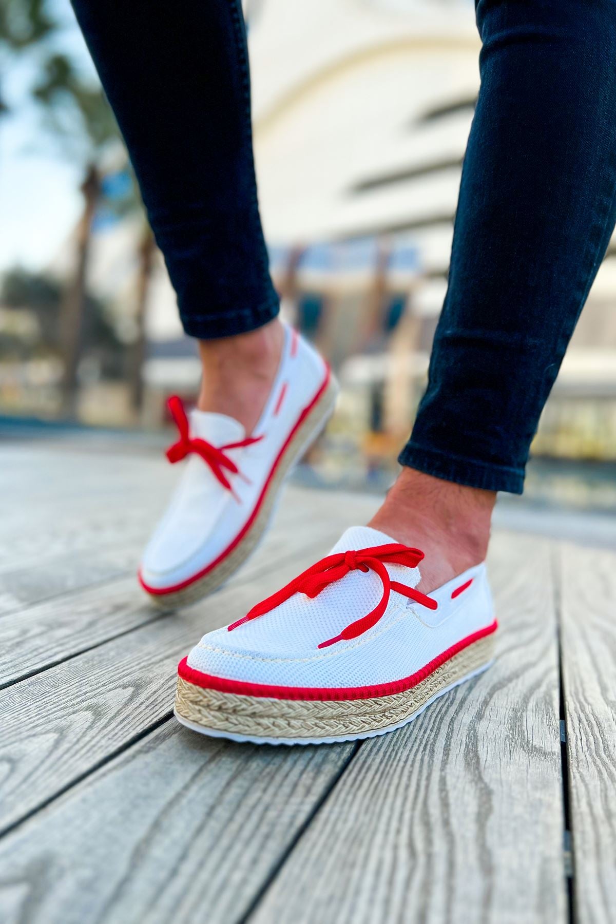 Esto Espadril Günlük Bağcıklı Erkek Espadril Beyaz Kırmızı