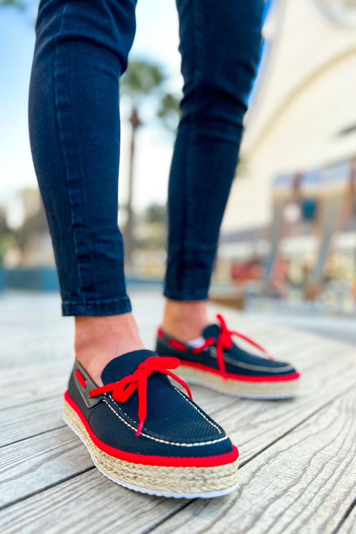 Esto Espadril Günlük Bağcıklı Erkek Espadril Siyah Kırmızı