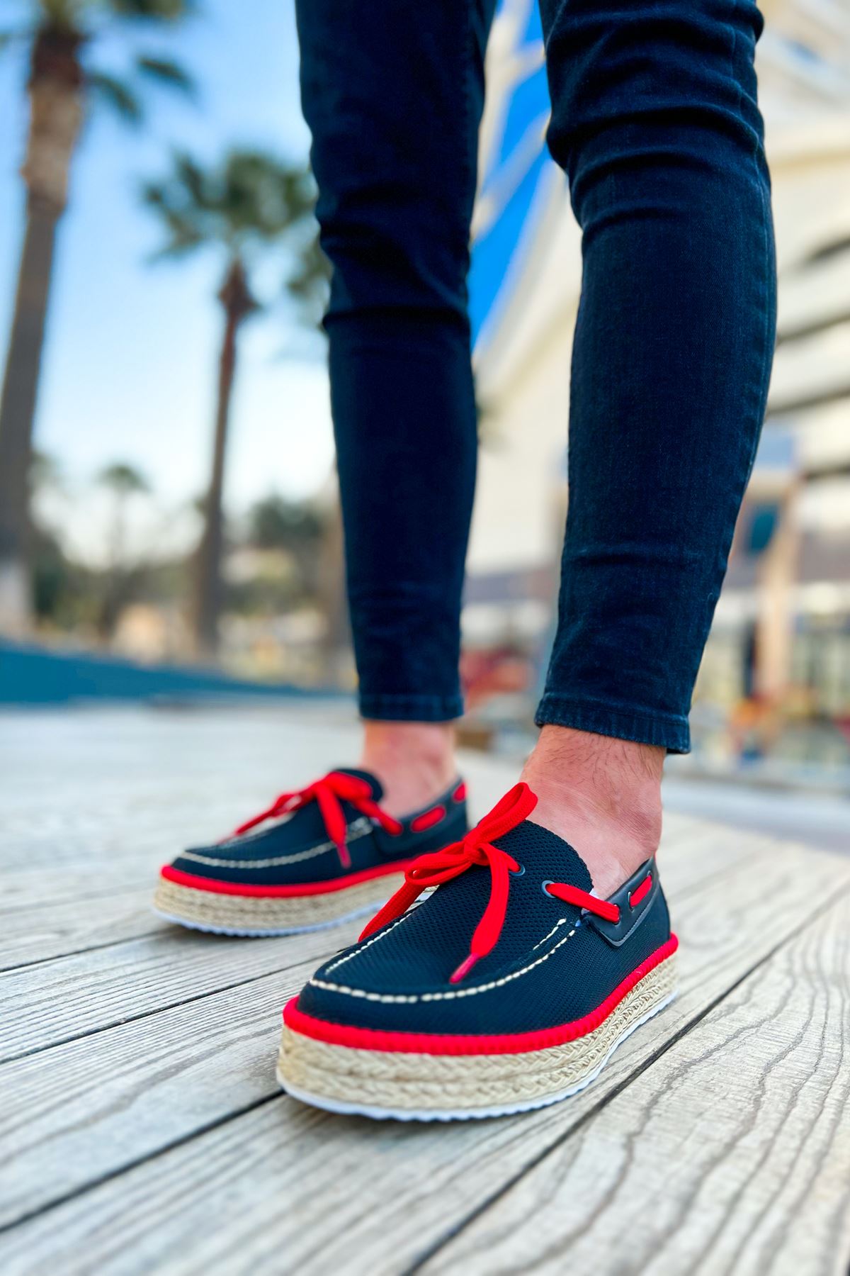 Esto Espadril Günlük Bağcıklı Erkek Espadril Siyah Kırmızı
