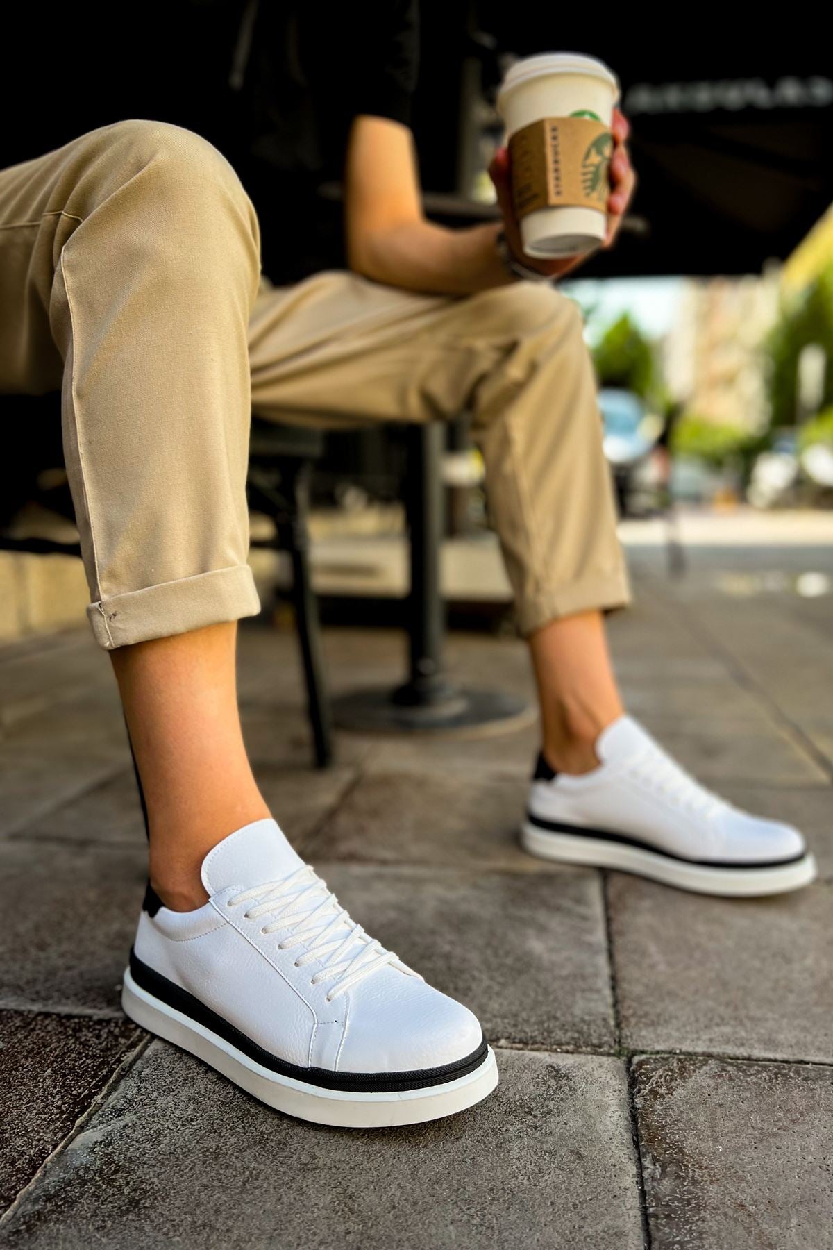 Santoni Kaliteli Şık Erkek Spor Ayakkabı Beyaz-Siyah