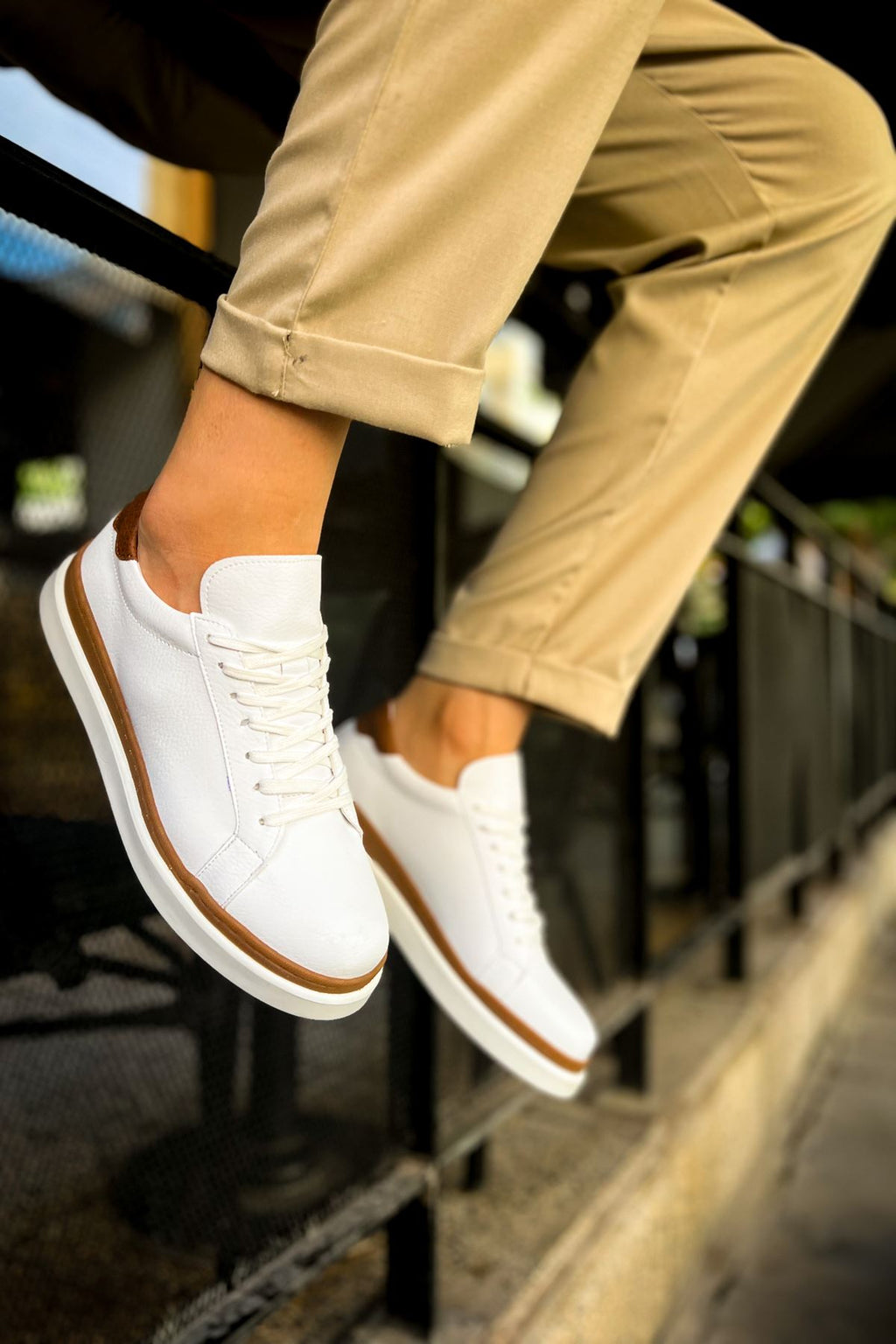 Santoni Kaliteli Şık Erkek Spor Ayakkabı Beyaz-Taba