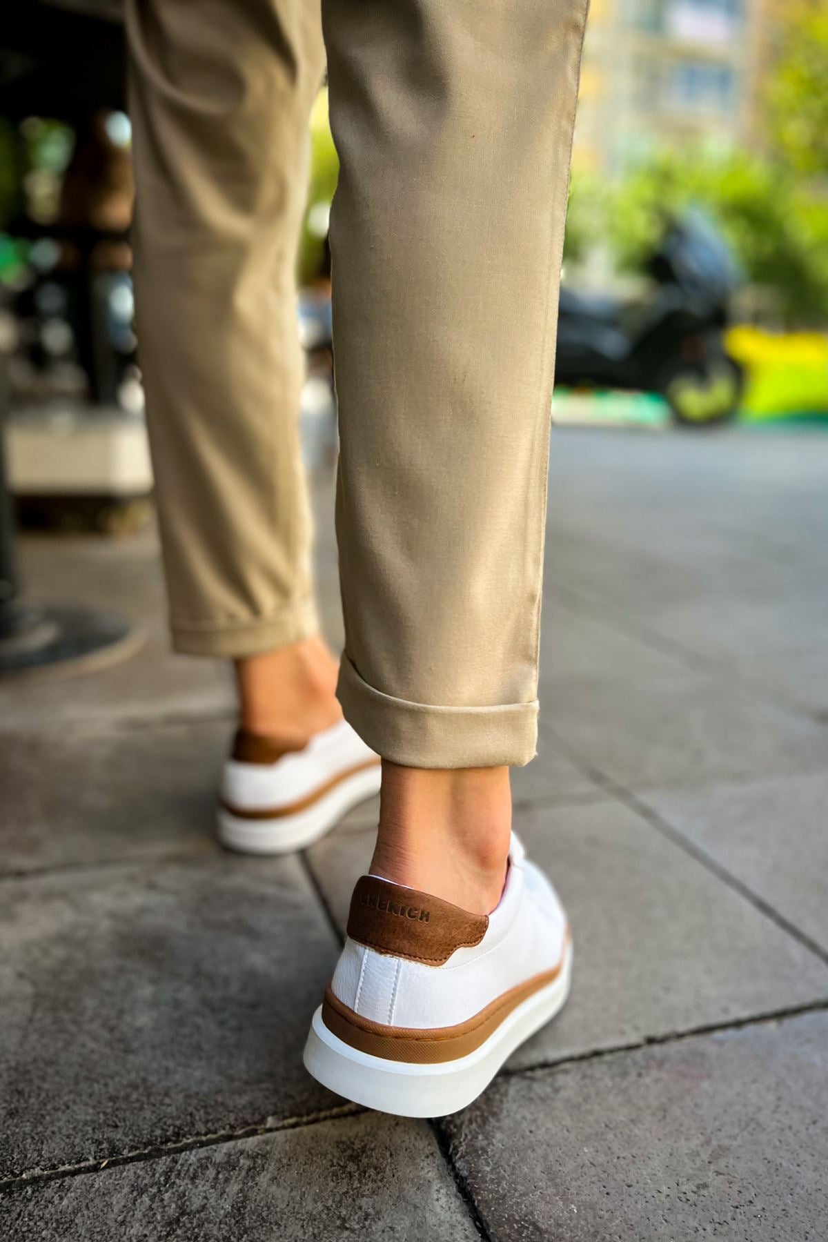 Santoni Kaliteli Şık Erkek Spor Ayakkabı Beyaz-Taba