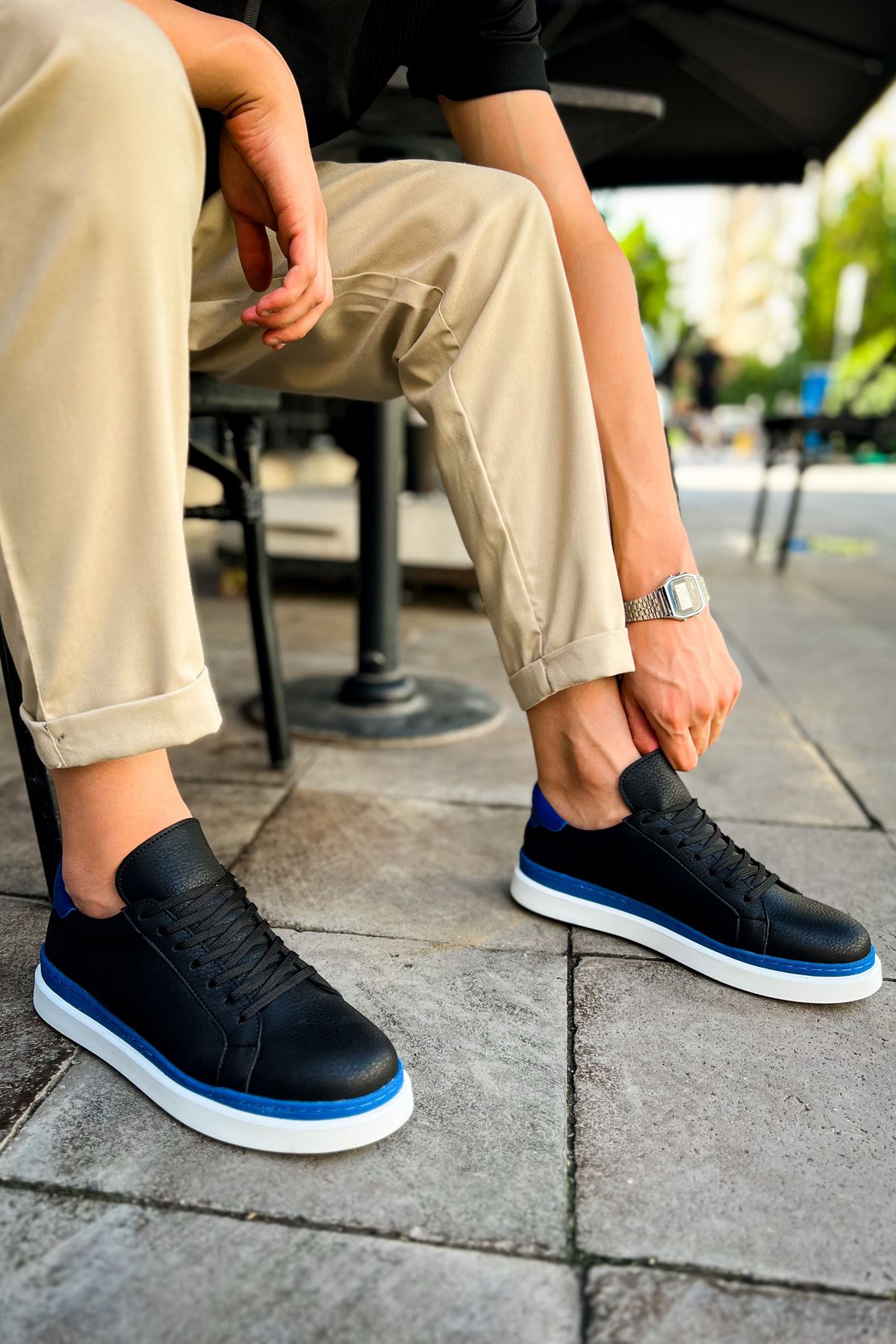 Santoni Kaliteli Şık Erkek Spor Ayakkabı Siyah-Mavi