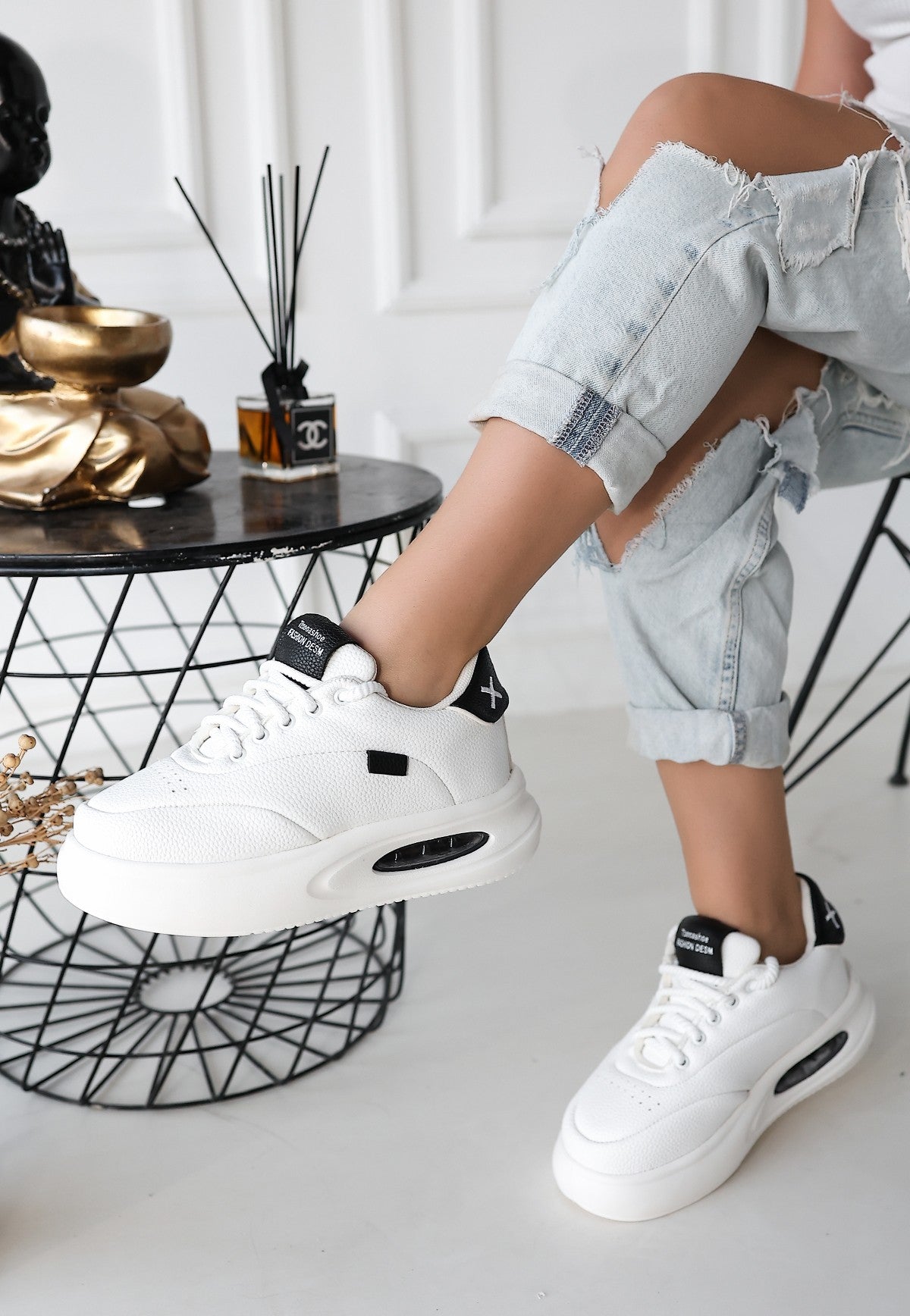 Chris Premium Beyaz Siyah Detaylı Bağcıklı Air Spor Ayakkabı