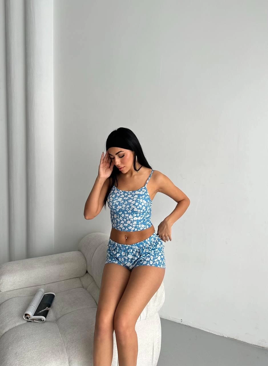 Floral Patterned Shorts Blue Pajama Set