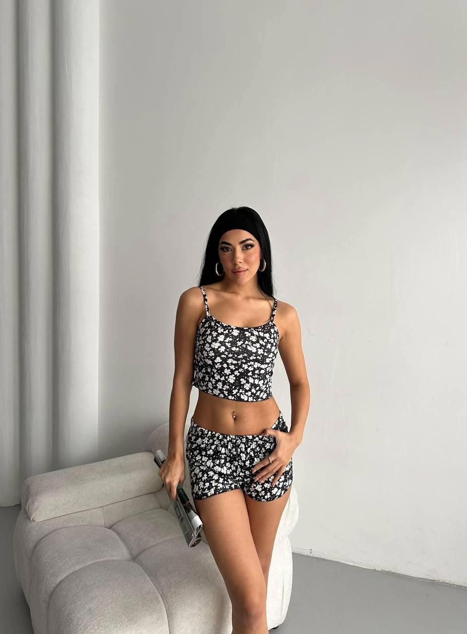 Floral Patterned Shorts Black Pajama Set