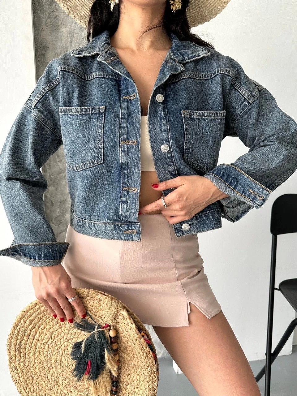 Çift Cepli Kol Katlamalı Süper Taş Enzim Yıkamalı Crop Kot Ceket Kahve Tint