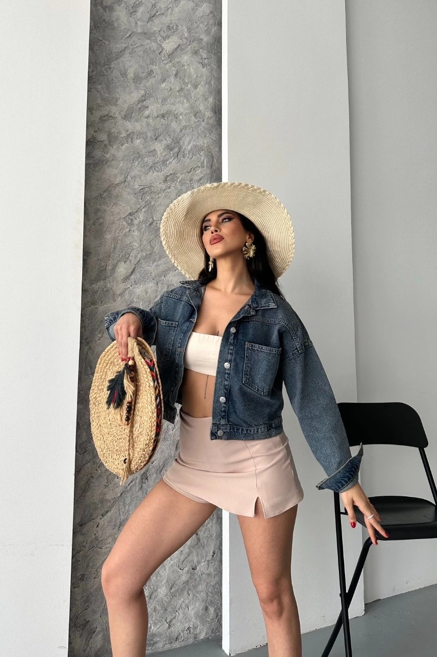 Çift Cepli Kol Katlamalı Süper Taş Enzim Yıkamalı Crop Kot Ceket Kahve Tint