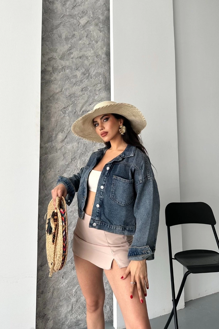 Çift Cepli Kol Katlamalı Süper Taş Enzim Yıkamalı Crop Kot Ceket Kahve Tint