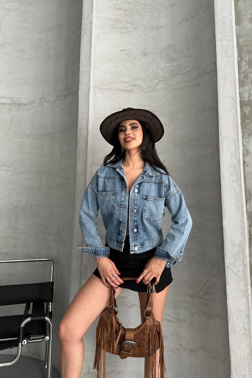 Çift Cepli Kol Katlamalı Süper Taş Enzim Yıkamalı Crop Kot Ceket Mavi