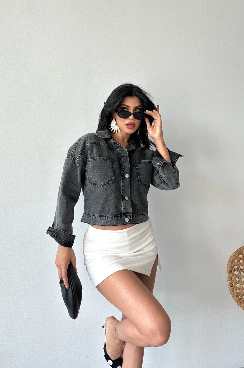 Çift Cepli Kol Katlamalı Süper Taş Enzim Yıkamalı Crop Kot Ceket Füme