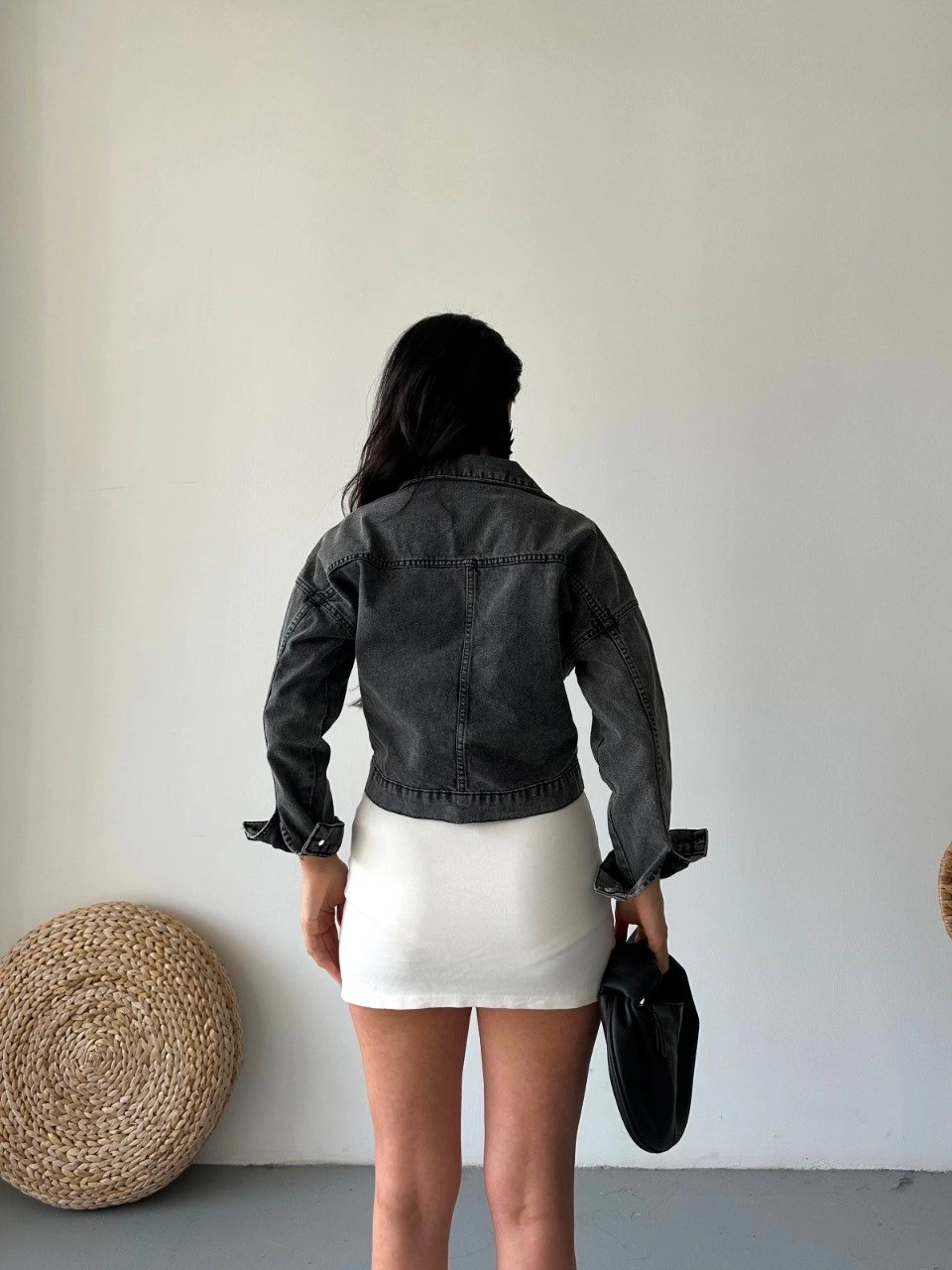 Çift Cepli Kol Katlamalı Süper Taş Enzim Yıkamalı Crop Kot Ceket Füme