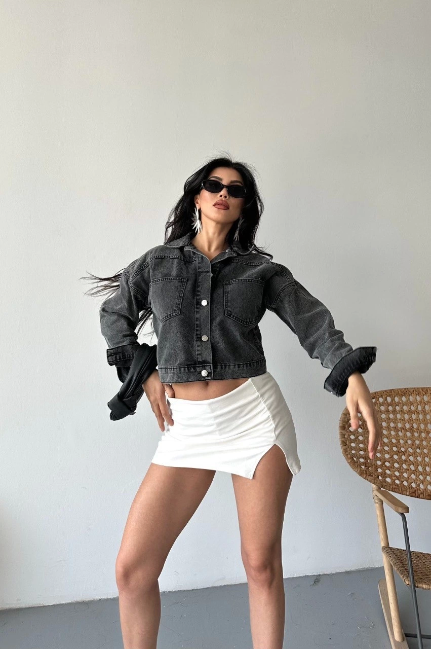 Çift Cepli Kol Katlamalı Süper Taş Enzim Yıkamalı Crop Kot Ceket Füme