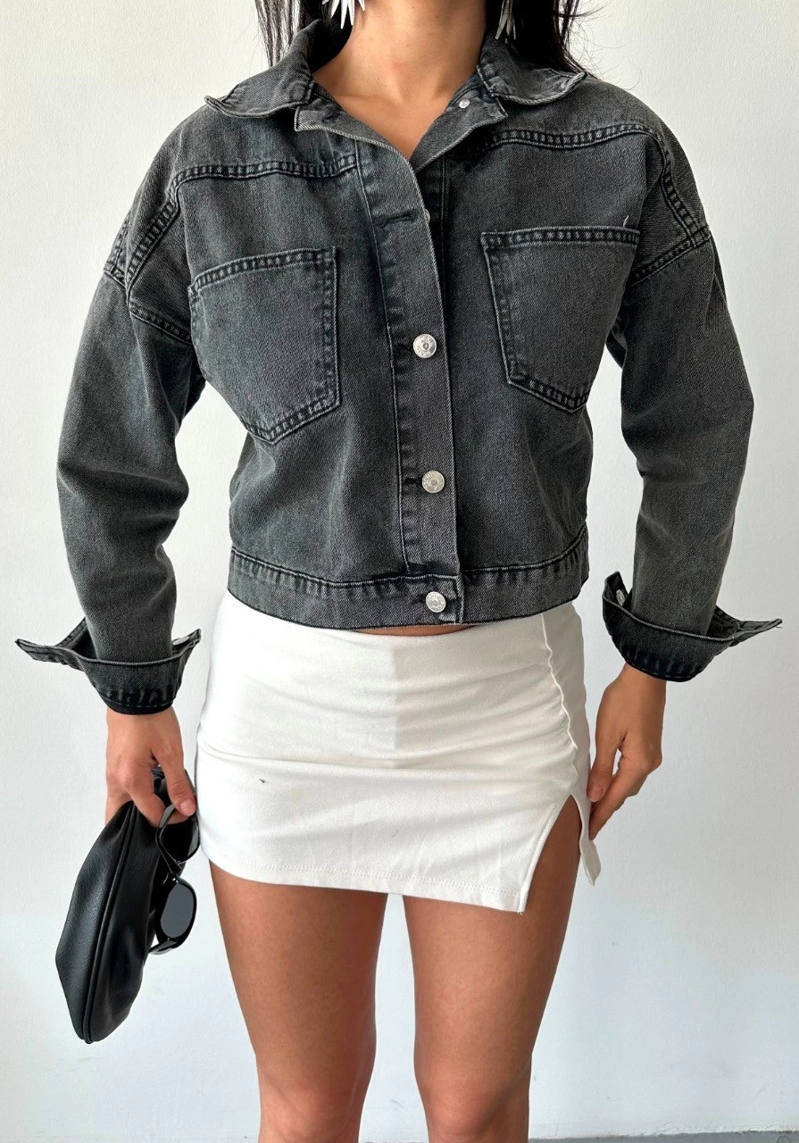 Çift Cepli Kol Katlamalı Süper Taş Enzim Yıkamalı Crop Kot Ceket Füme