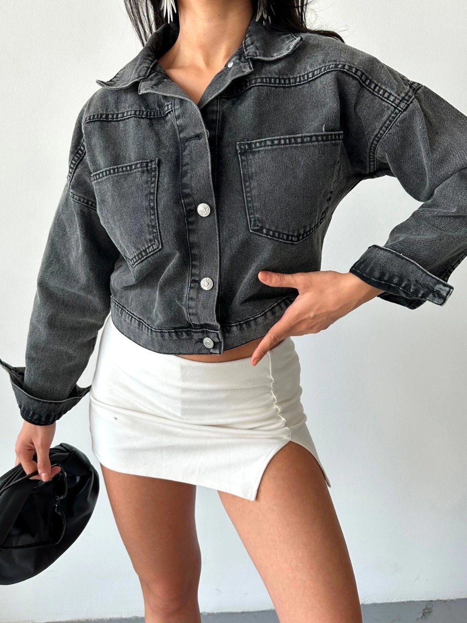 Çift Cepli Kol Katlamalı Süper Taş Enzim Yıkamalı Crop Kot Ceket Füme