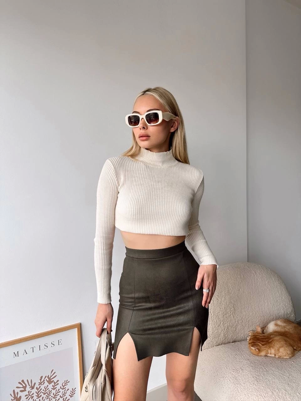 Çift Yırtmaçlı Süet Etek Haki