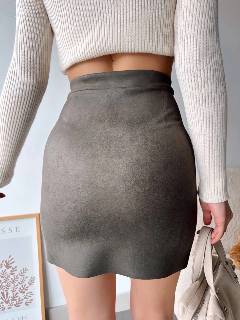 Çift Yırtmaçlı Süet Etek Haki