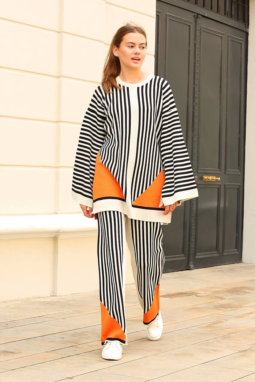 Striped Crew Neck Knitwear Suit White