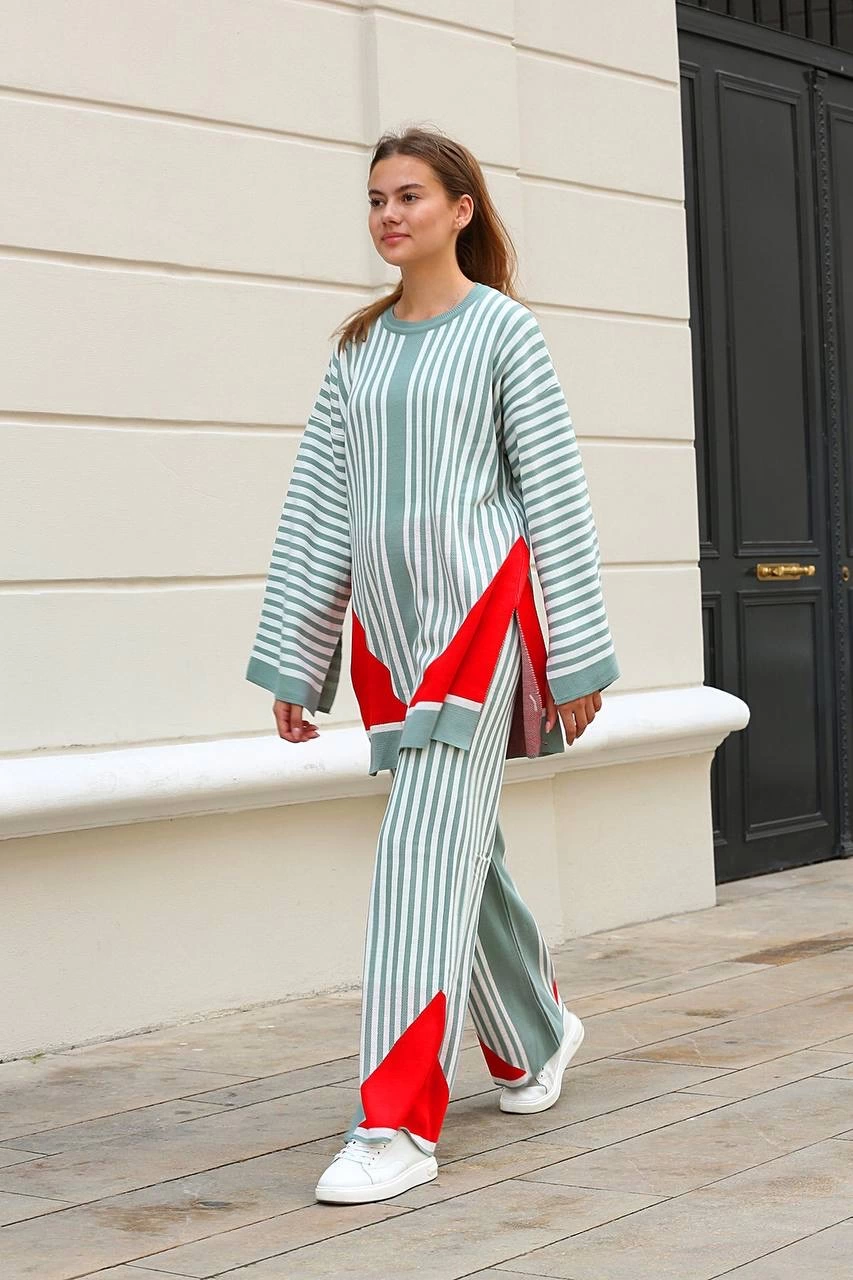 Striped Crew Neck Knitwear Suit Mint