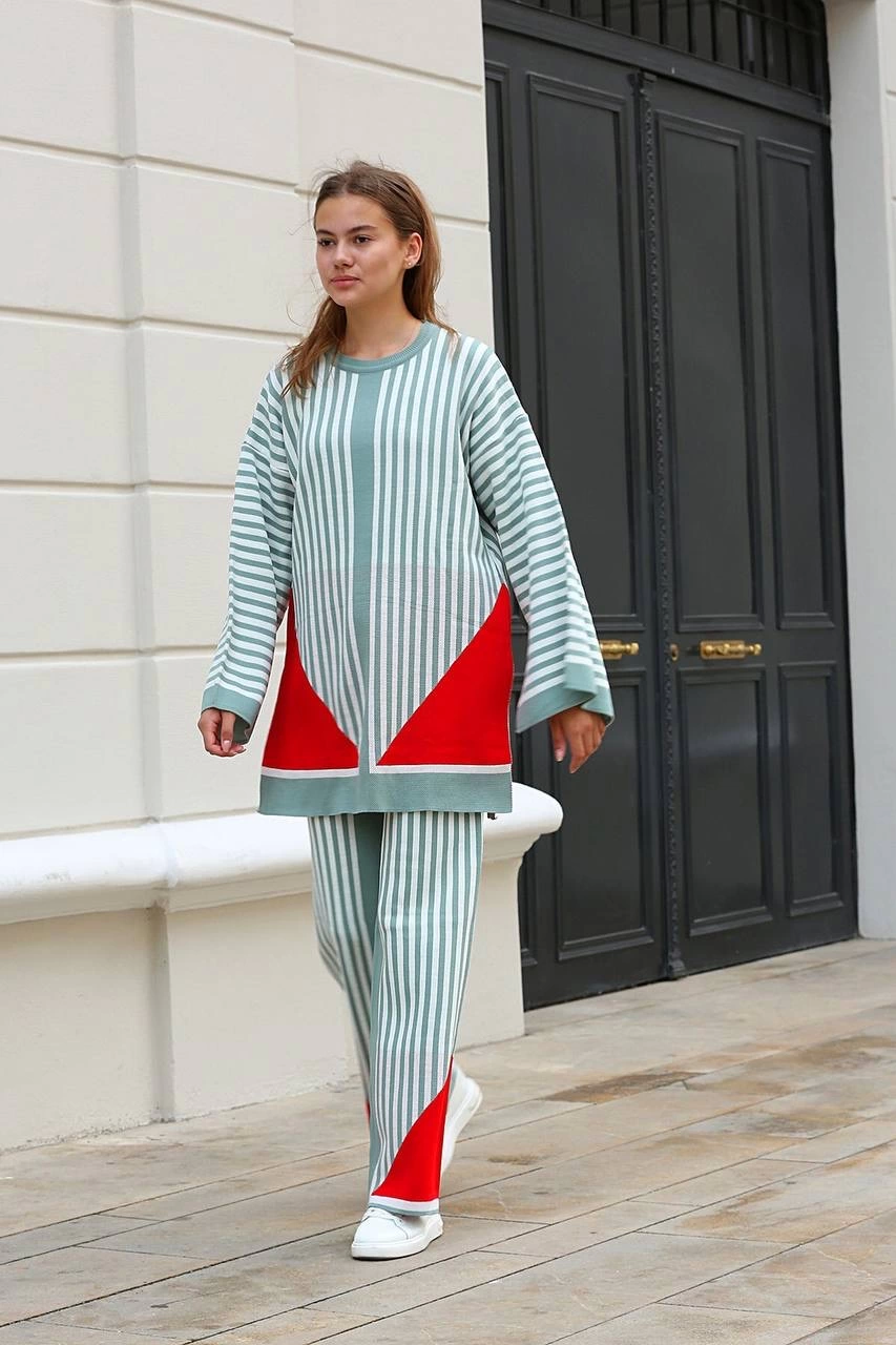 Striped Crew Neck Knitwear Suit Mint