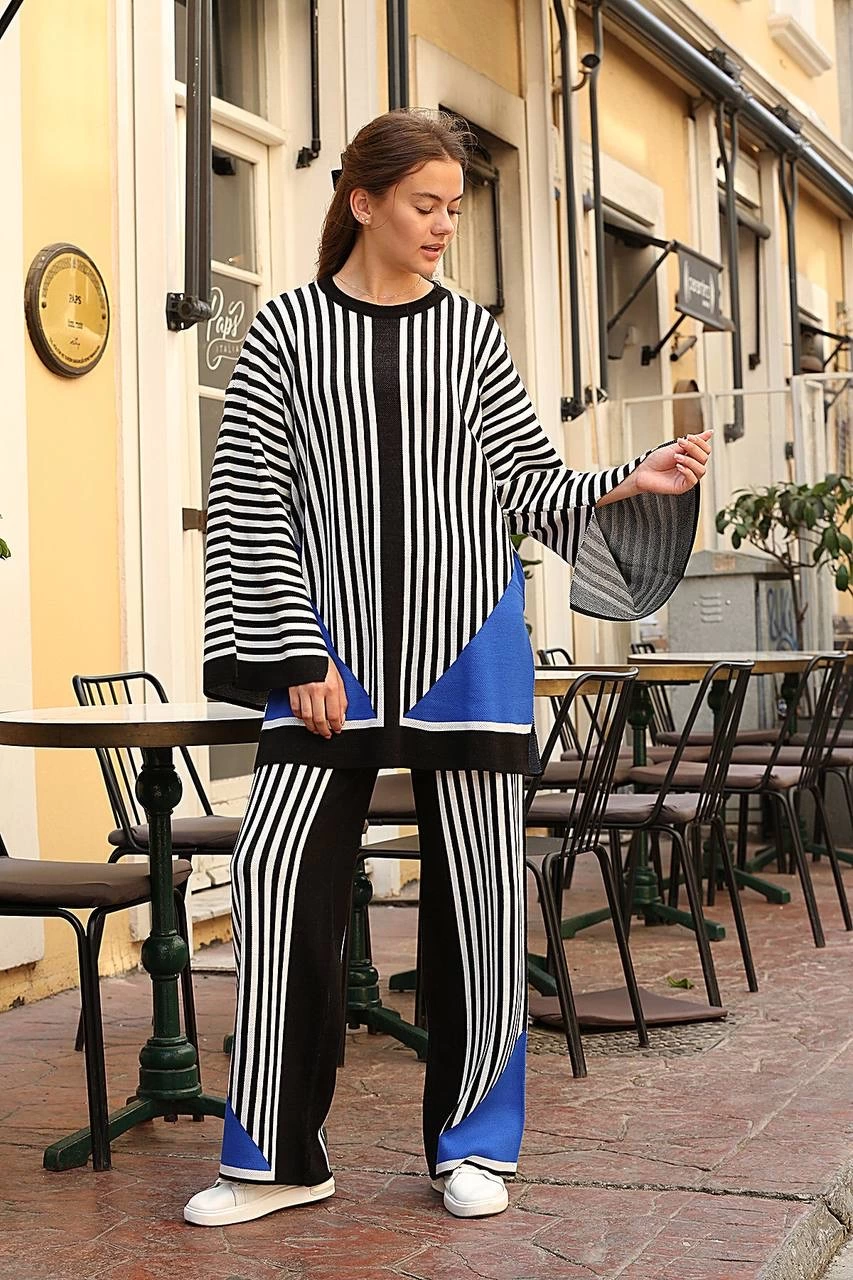 Striped Crew Neck Knitwear Suit Black